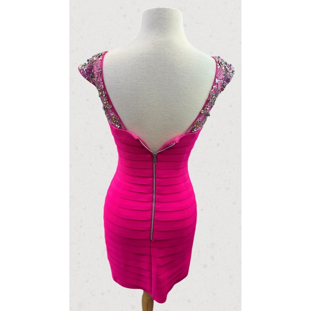 Sherri Hill Hot Pink Bandage Dress Size 4 Beaded Rhinestone Cocktail Prom Party - Picture 7 of 16